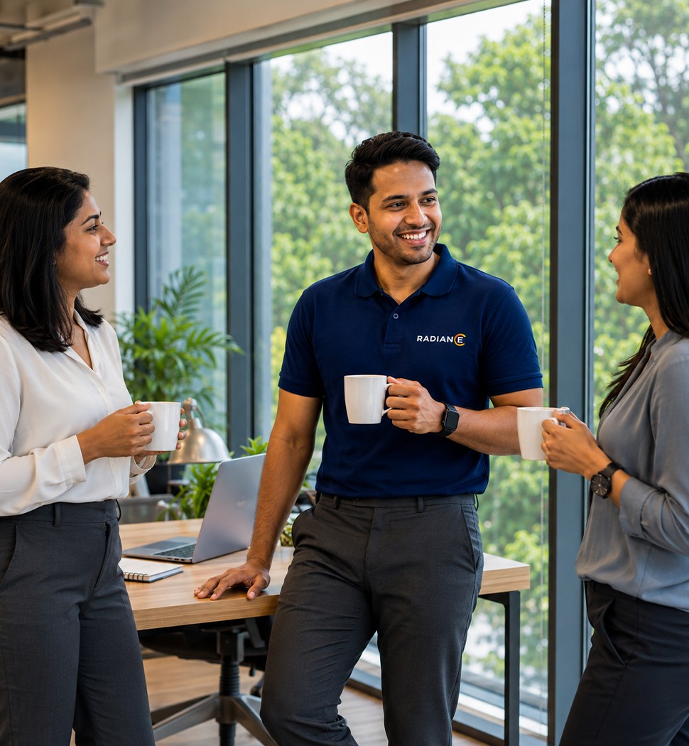 Radiance colleagues talking over coffee in the office