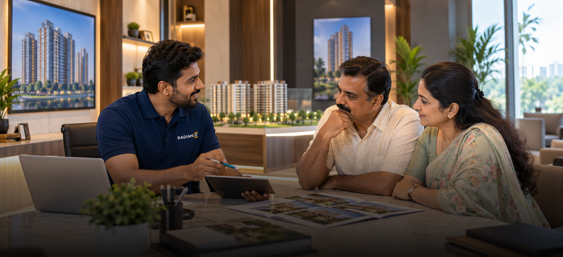 A resident working from the living room of a Radiance home