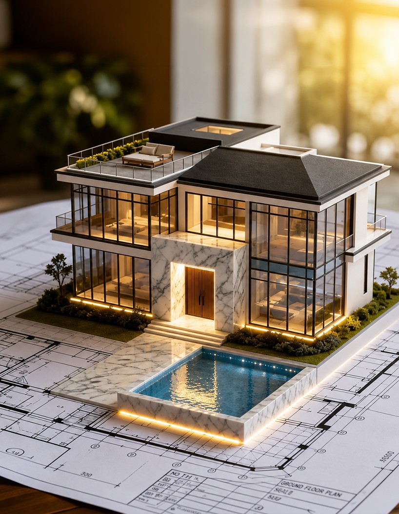 Architectural model of a villa on a floor plan