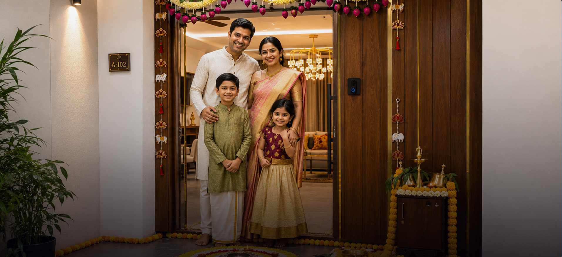 A family at the festively decorated door of their new Radiance home