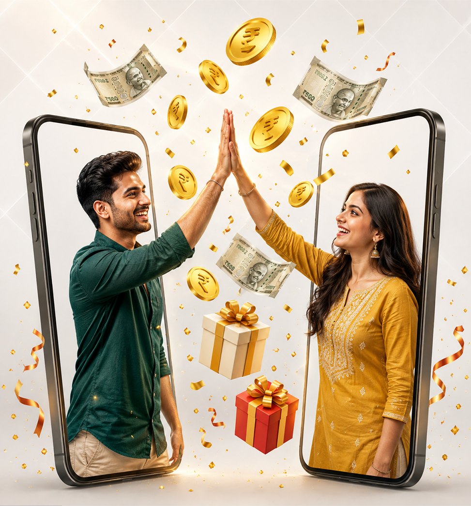 Two friends high-fiving through their phones amid coins and gifts