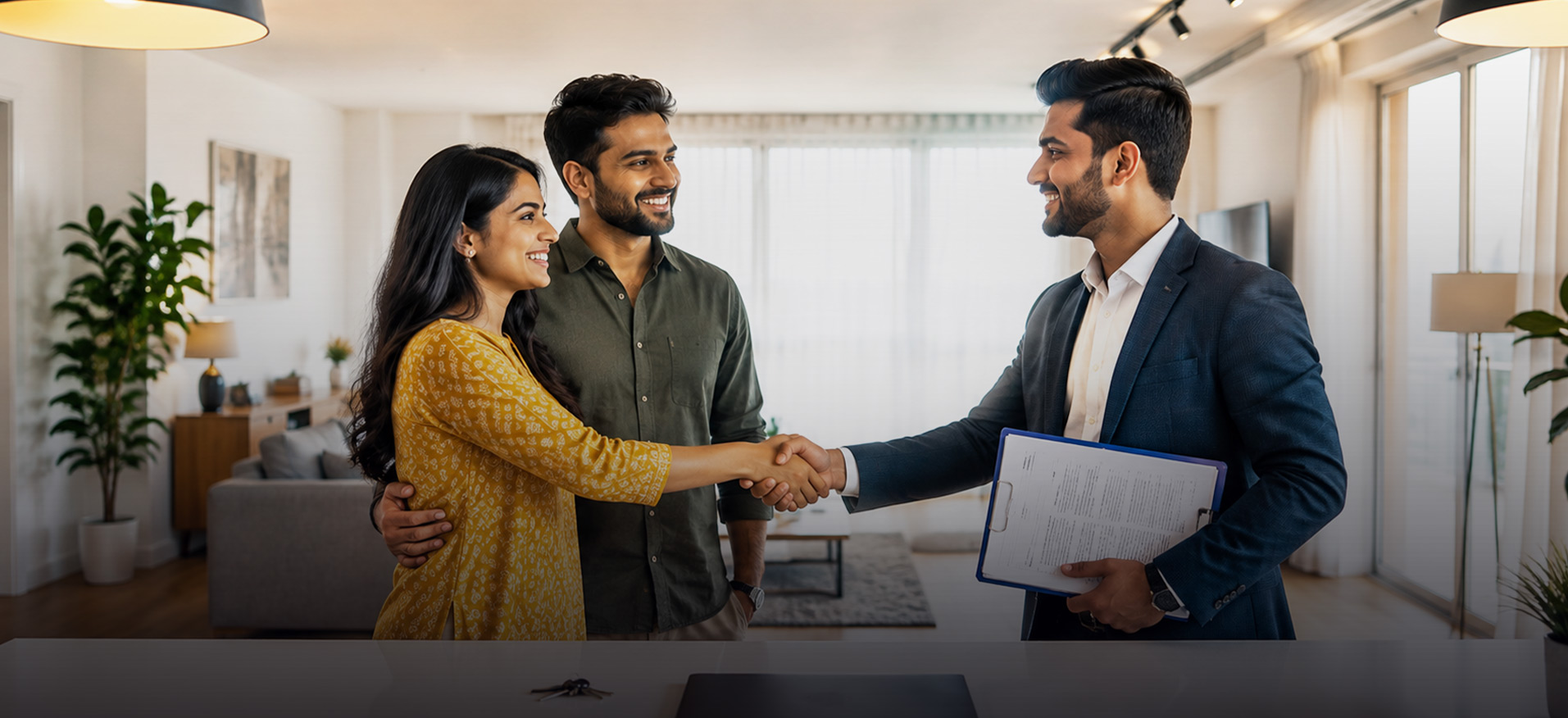 A Radiance advisor closing a home deal with a young couple