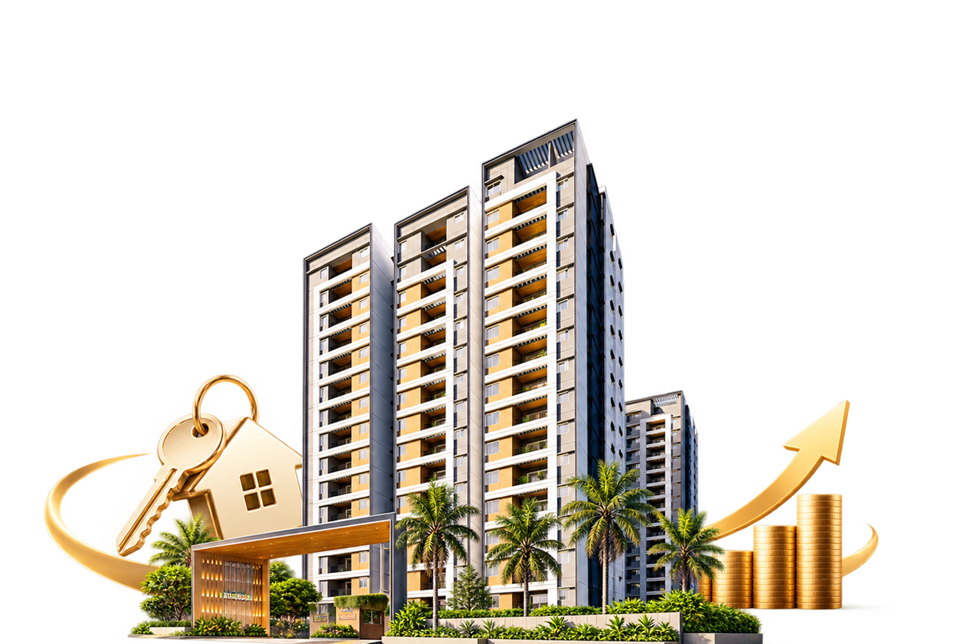 Radiance towers with rising gold coins — property value growth